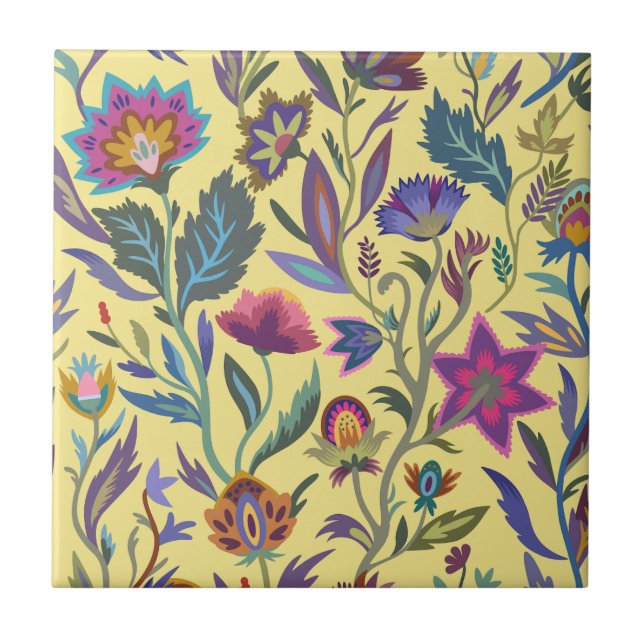Classic retro colourful Victorian flowers l Yellow Ceramic Tile (Front)
