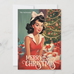 Classic retro illustration Christmas housewife Holiday Card