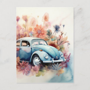 Classic Retro Motor Car Floral Art Postcard