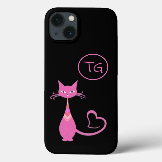Classic Retro Pink Kitty Cat Heart Tail Monogram Case-Mate iPhone Case (Back)