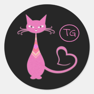 Classic Retro Pink Kitty Cat Heart Tail Monogram  Round Sticker