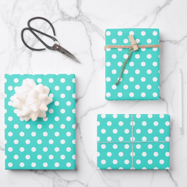 Classic Retro Polka Dots Turquoise Blue & White Wrapping Paper Sheet (Front)