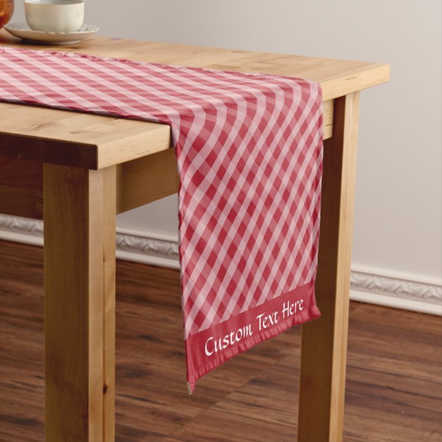 Classic Retro Red Chequered Gingham Pattern Name Short Table Runner (In Situ)