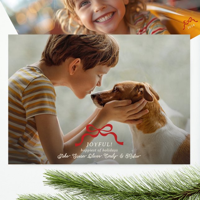 classic retro red christmas bow photo holiday card (Creator Uploaded)