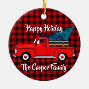 Classic retro red pickup truck red black plaid  ceramic ornament