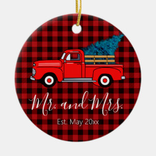 Classic retro red pickup truck red black plaid  ceramic ornament
