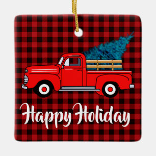 Classic retro red pickup truck red black plaid  ceramic ornament