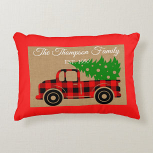 Classic retro red truck family name burlap Xmas Decorative Cushion