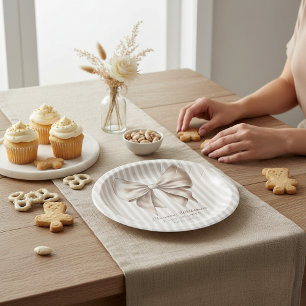 Classic Ribbon Bow Beige Baby Shower Plates