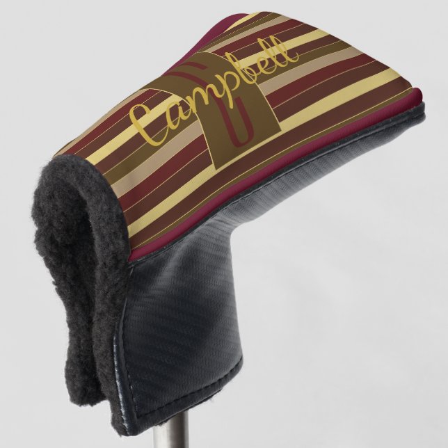 CLASSIC RICH BROWN GOLD STRIPE PATTERN MONOGRAM GOLF HEAD COVER (3/4 Front)