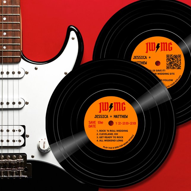 Classic Rock Bolt Monogram Record Save The Date (Rock vinyl record album wedding Save the Date in orange and red with lightning bolt monogram.)