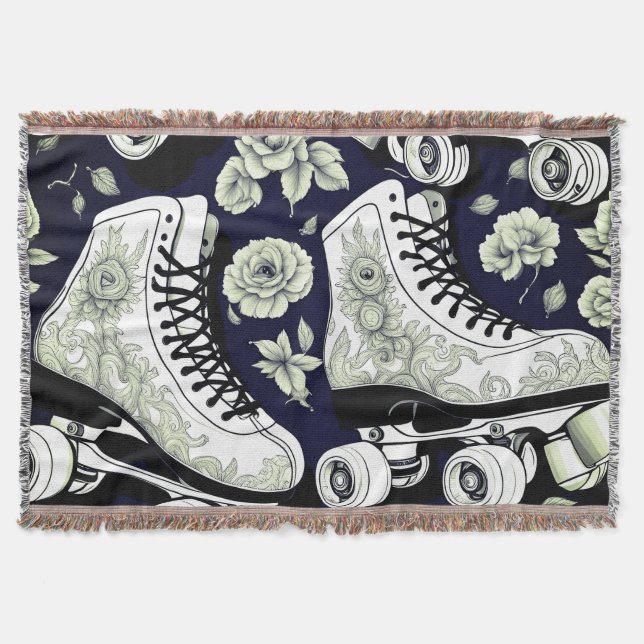 Classic Roller Skates  Flowers  ,black  white  Throw Blanket (Front)