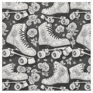 Classic roller  skates, roses, black and  white de fabric
