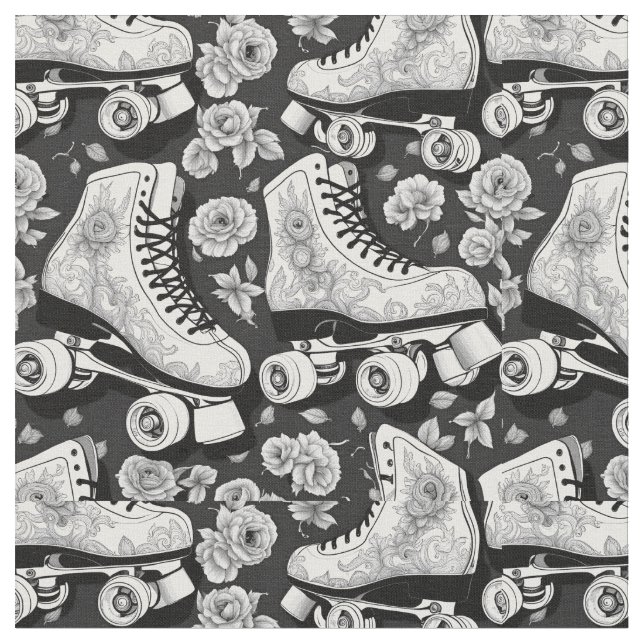 Classic roller  skates, roses, black and  white de fabric (Close Up)
