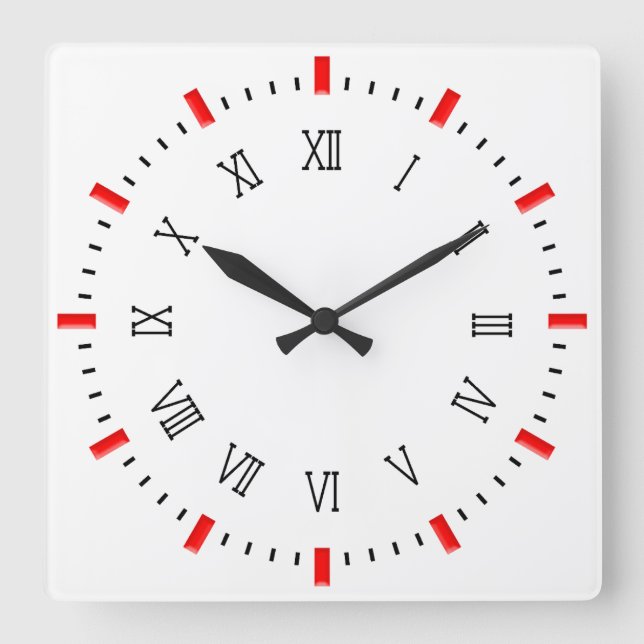 Classic Roman Numeral w/Red Rctangles Square Wall Clock (Front)