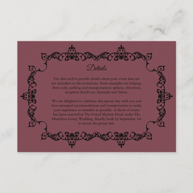 Classic Romantic Rosewood Ornately Framed Wedding Enclosure Card (Front)