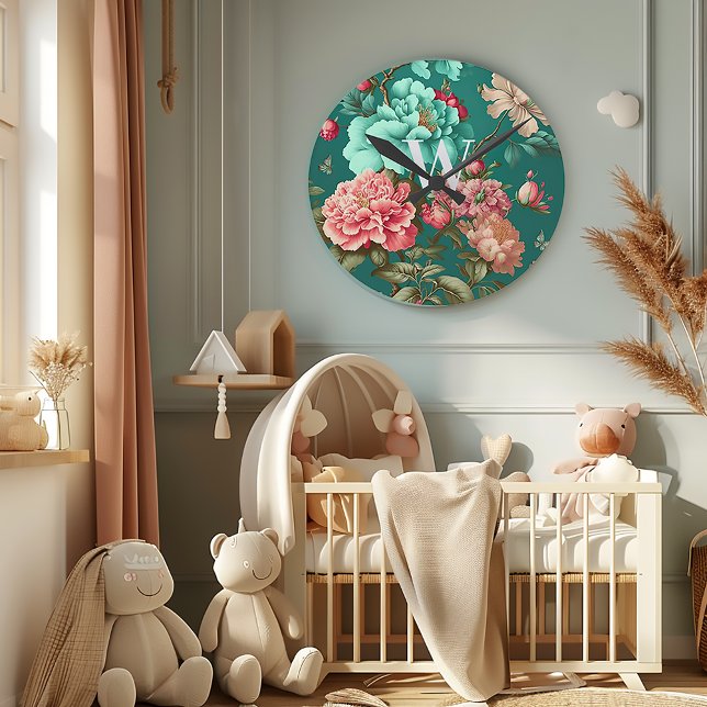 Classic Romantic Teal and Pink Floral Monogrammed Round Clock (Elegant Vintage Teal Blue Floral Monogrammed Wall Clock)