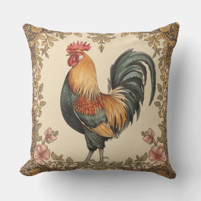 Classic,Rooster , Flowers Pattern, Vintage Cushion (Front)
