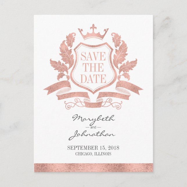 Classic Rose Gold Crest Save The Date Postcard (Front)