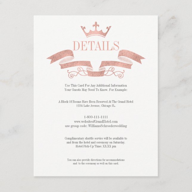 Classic Rose Gold Crest Wedding Details Card (Front)