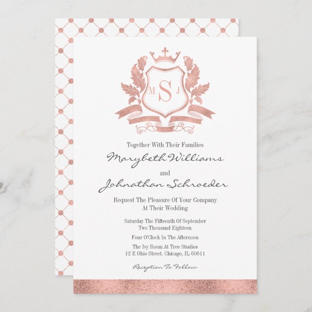 Classic Rose Gold Crest Wedding Invitation Card (Front/Back)