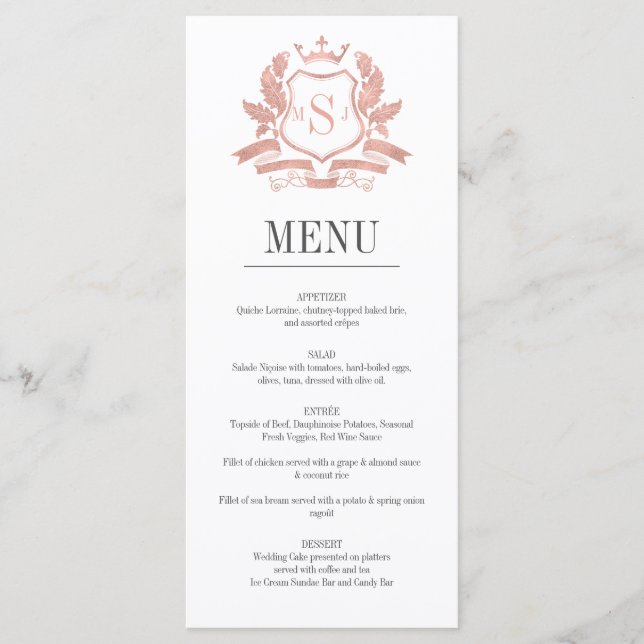 Classic Rose Gold Crest Wedding Menu Card (Front)