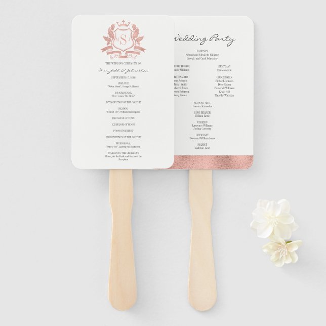 Classic Rose Gold Crest Wedding Program Hand Fan (Front and Back)