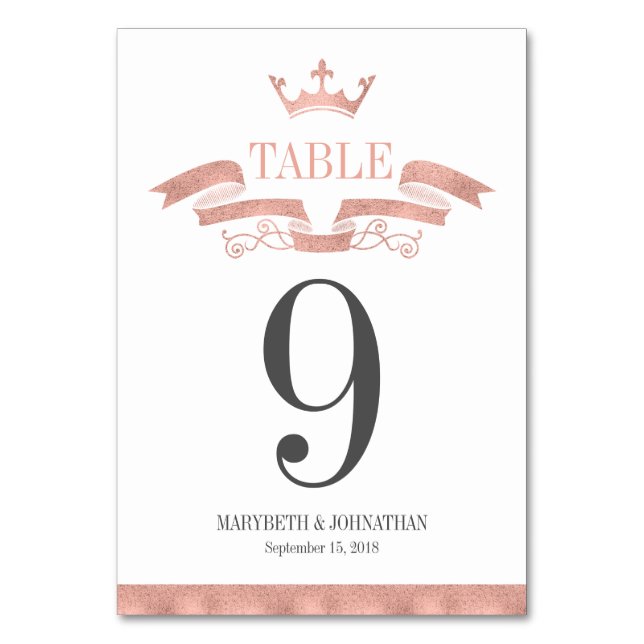 Classic Rose Gold Crest Wedding Table Number Card (Front)