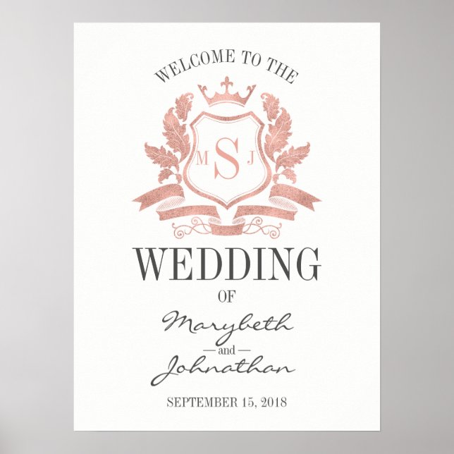 Classic Rose Gold Crest Wedding Welcome Poster (Front)