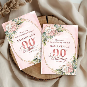Classic Rose Gold Floral Greenery 90th Birthday  Thank You Card