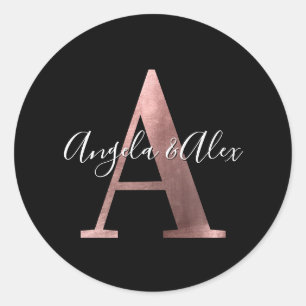 Classic Rose Gold Foil Wedding Monogram A Black Round Sticker