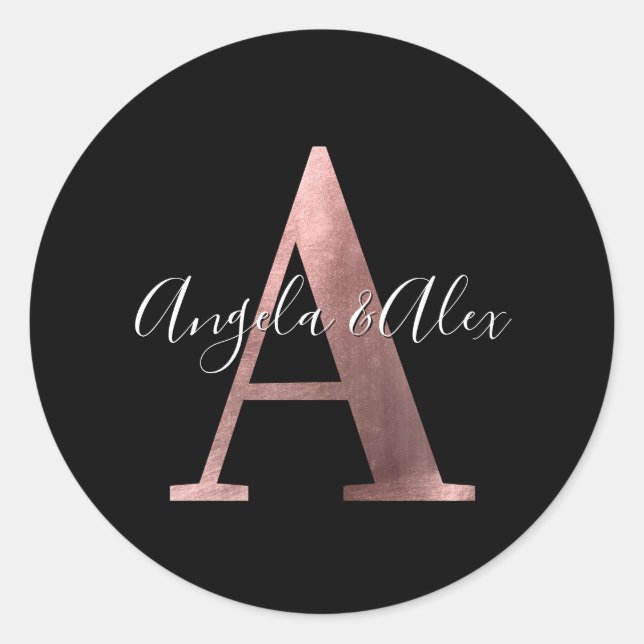 Classic Rose Gold Foil Wedding Monogram A Black Round Sticker (Front)