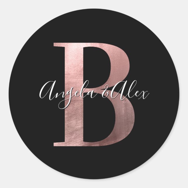 Classic Rose Gold Foil Wedding Monogram B Black Classic Round Sticker (Front)