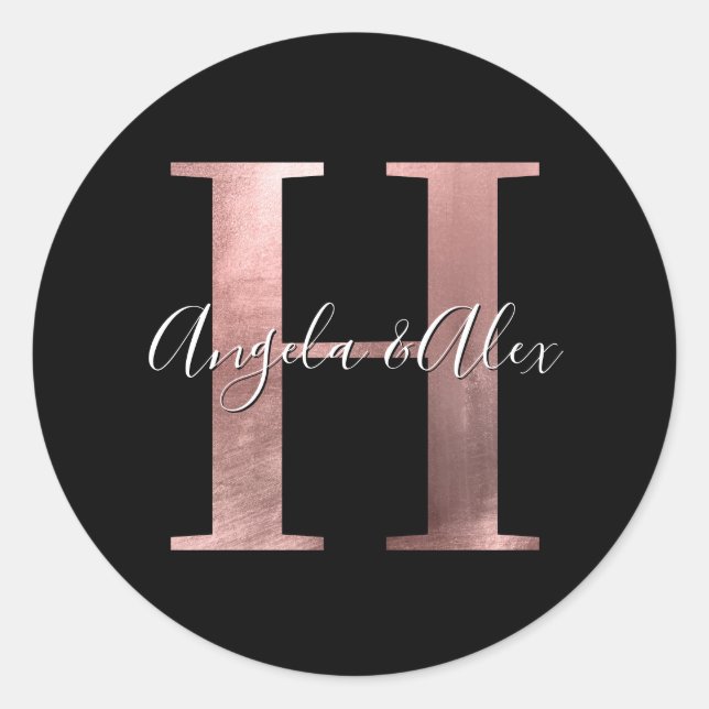 Classic Rose Gold Foil Wedding Monogram H Black Classic Round Sticker (Front)