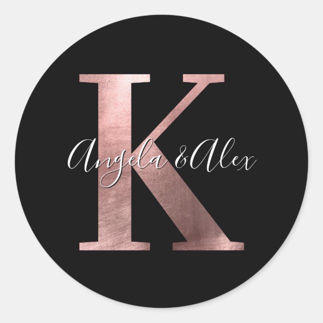 Classic Rose Gold Foil Wedding Monogram K Black Round Sticker (Front)