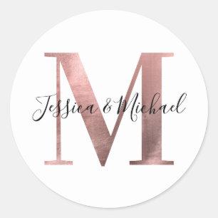 Classic Rose Gold Foil Wedding Monogram M Classic Round Sticker