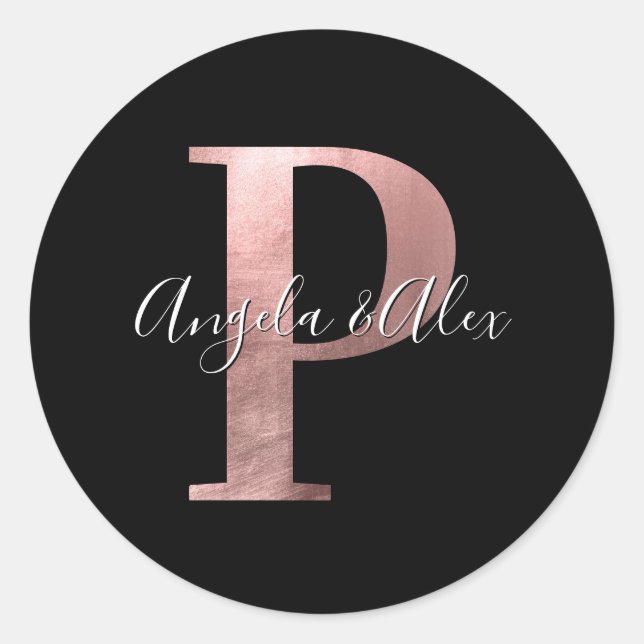 Classic Rose Gold Foil Wedding Monogram P Black Round Sticker (Front)