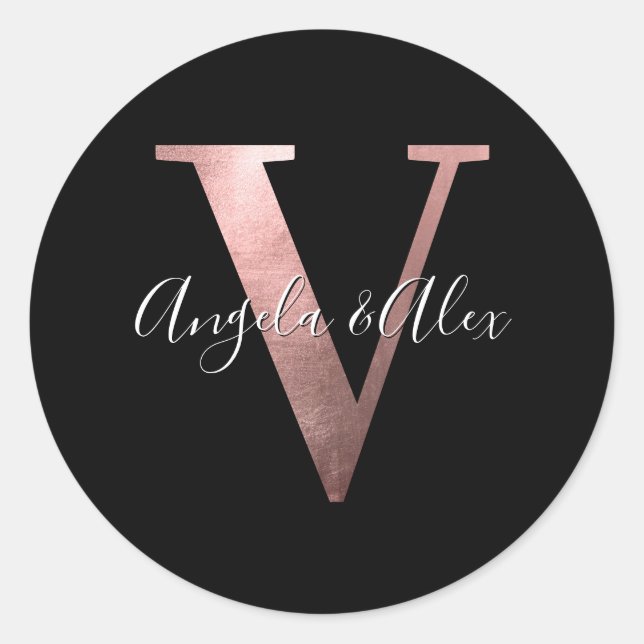 Classic Rose Gold Foil Wedding Monogram V Black Round Sticker (Front)