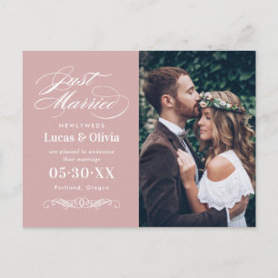 Classic Rose Pink Just Married Photo Announcement Postcard
