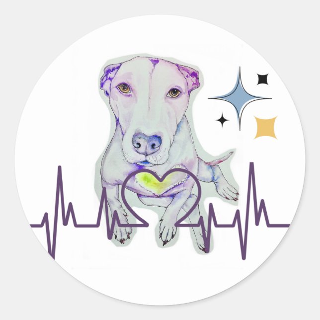 classic round, dog art with heartbeat, sticker (Front)