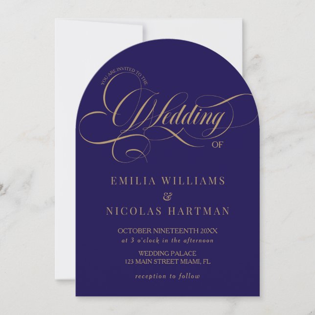 Classic Royal Blue Gold All In One Wedding Invitation (Front)