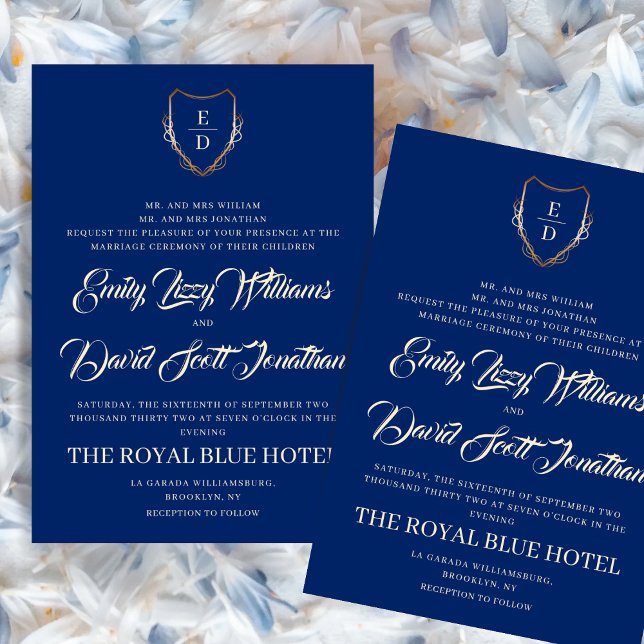 Classic Royal Blue Golden Monogrammed Elegant  Invitation (Creator Uploaded)