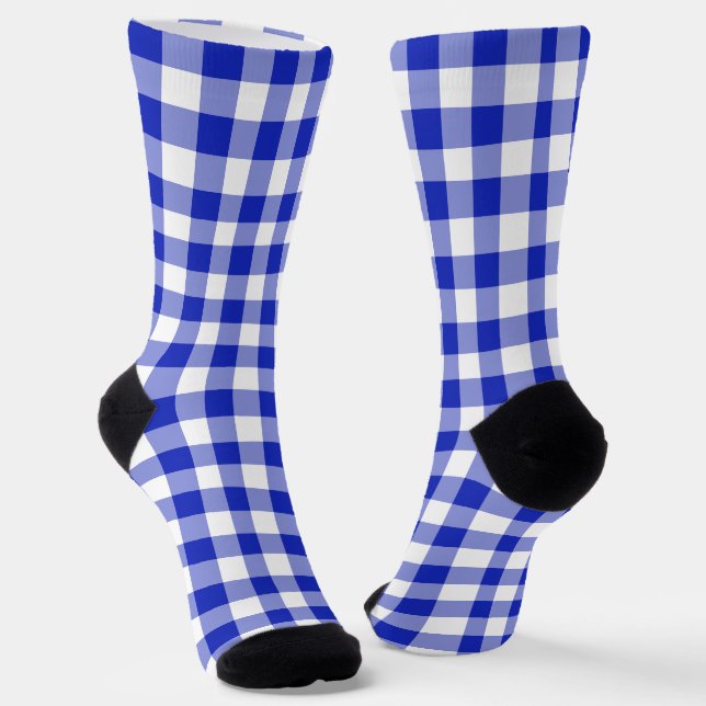 Classic Royal Blue White Gingham Plaid Pattern  Socks (Angled)