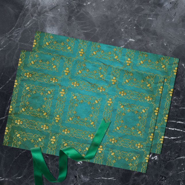 Classic Royal Gold Damask Brocade On Teal Tissue Paper (Creator Uploaded)