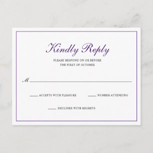 Classic Royal Purple Formal Wedding RSVP Invitation Postcard