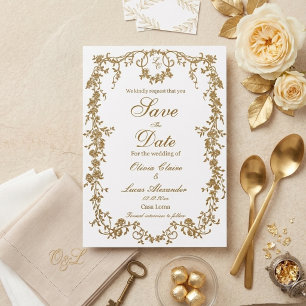 Classic Royal White and Gold Chic Floral Save The Date