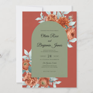 Classic Rust Olive Dahlia Wedding Invitation