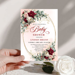 Classic Rustic Burgundy Peonies Gold Baby Shower Invitation