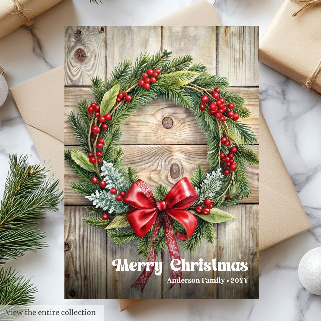 Classic rustic Christmas pine wreath holly berries Holiday Card (Classic rustic Christmas pine wreath holly berries Holiday Card)