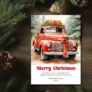 Classic rustic Christmas red car festive artwork Holiday Card